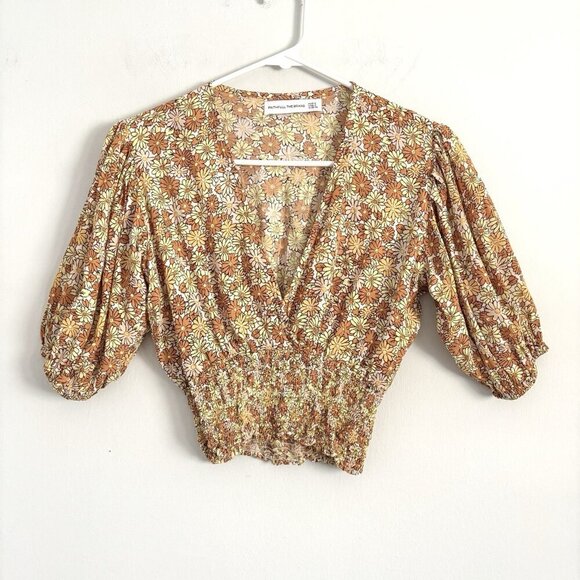 Faithfull The Brand Oma Orange and Yellow Floral Short Sleeve Crop Top Sz US 2 - Picture 2 of 6